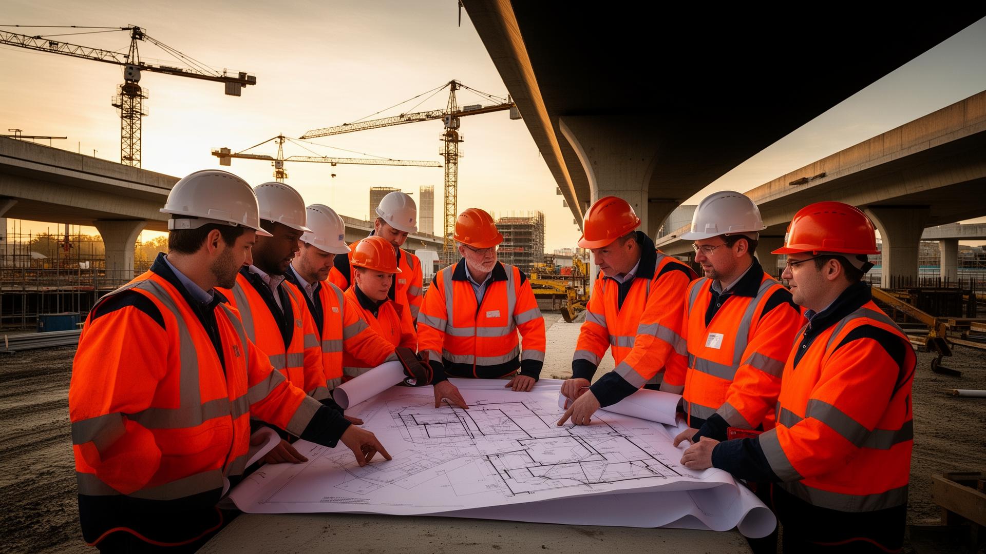 Construction team collaborating over project plans