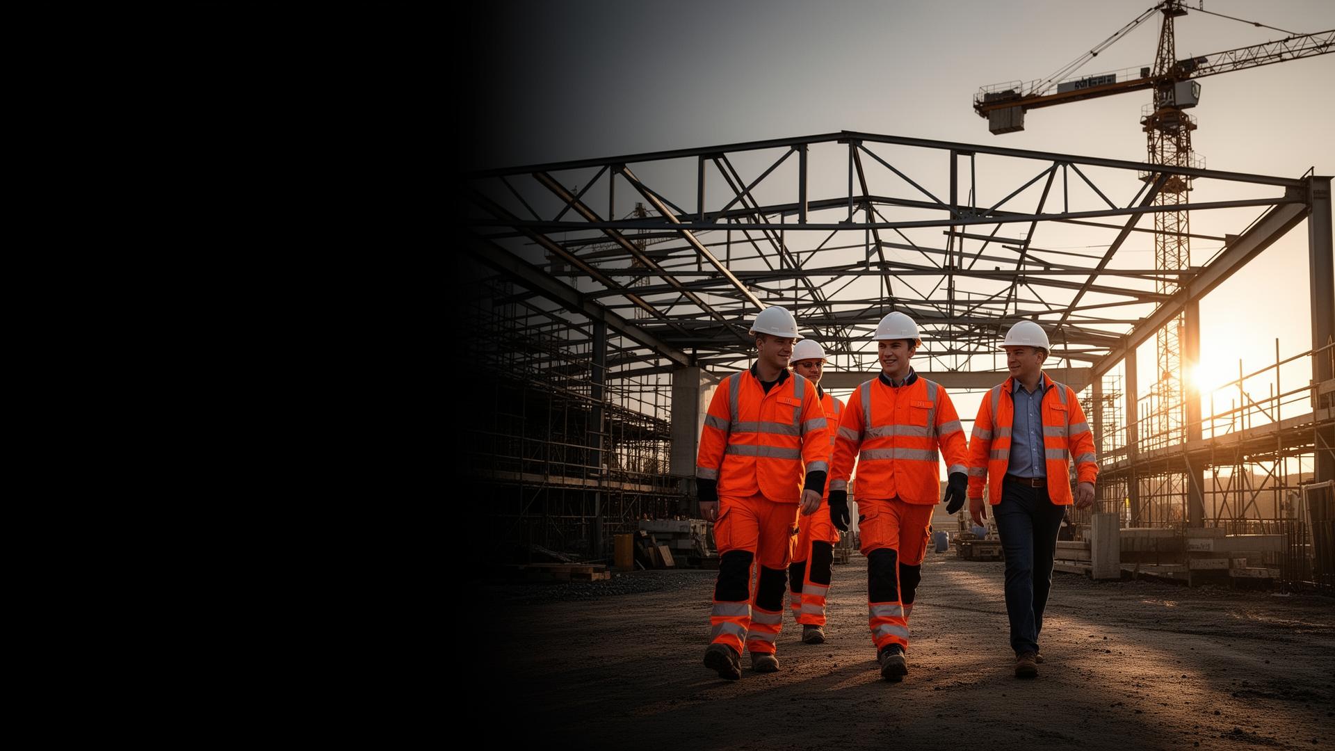 Skilled construction professionals walking on a UK building site